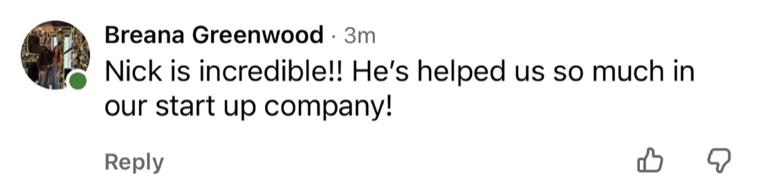 Client testimonial about helping a startup