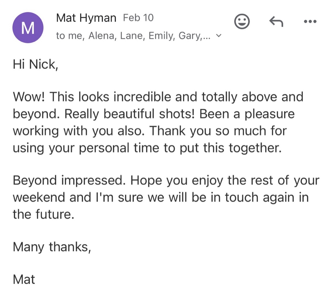 Client testimonial about beautiful shots